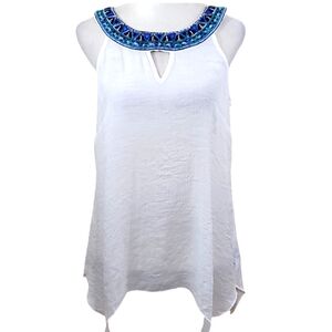 AGB Sleeveless Top White Beaded Embroidered Cutout Neck Flowy Asymmetrical Hem